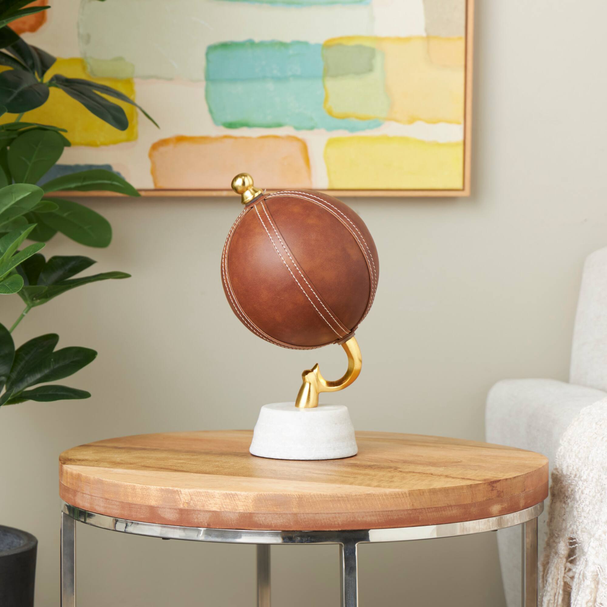 12" Brown Leather Handmade Stitched Globe with White Marble Base